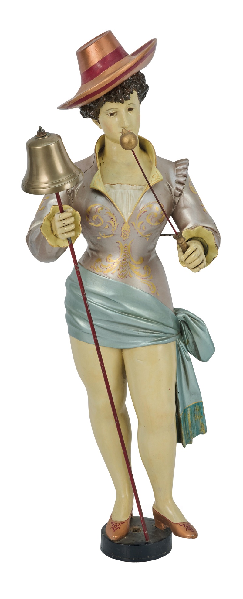 A large French carved and painted organ figure of a female bellringer, made by Gavioli