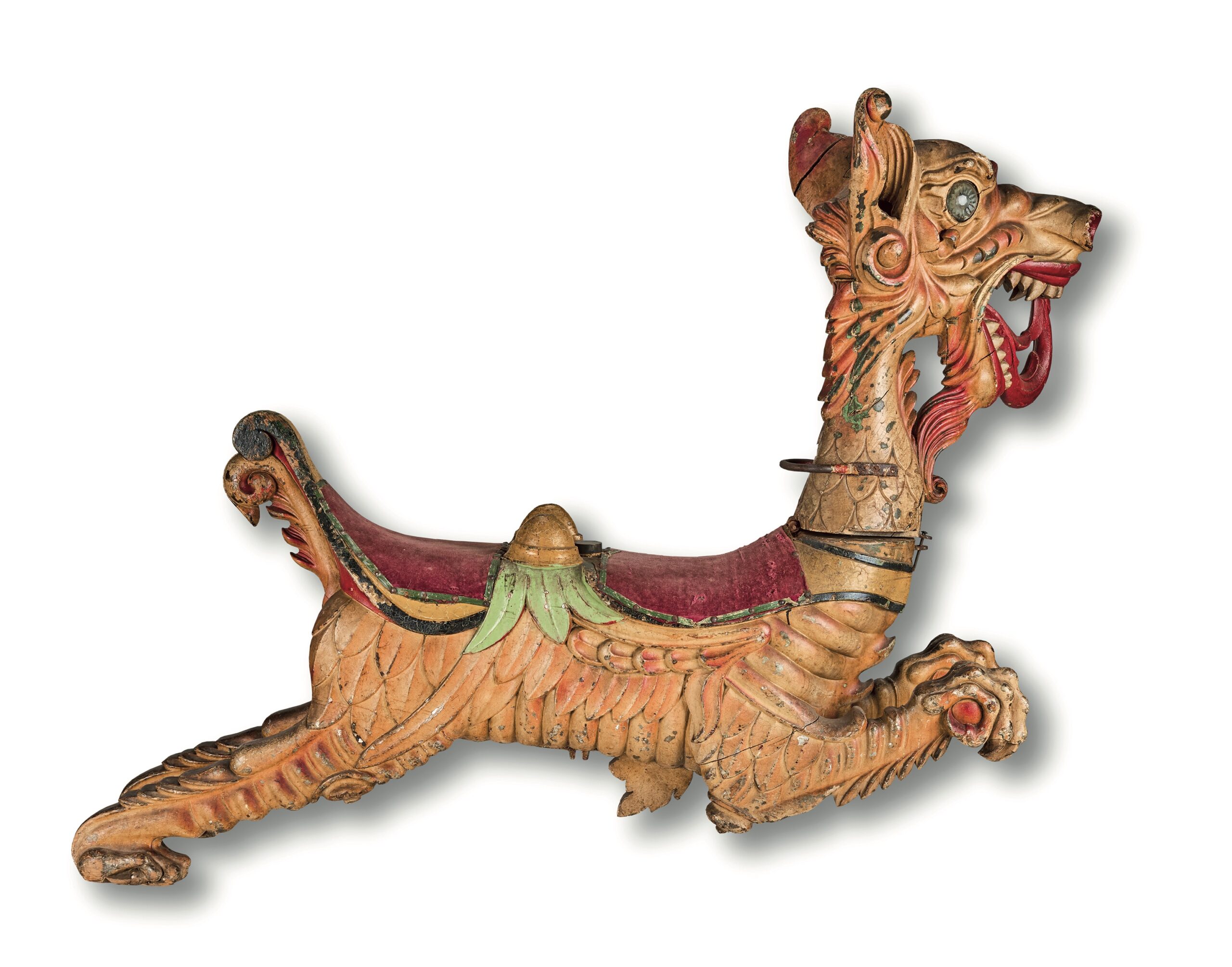 An English carved and painted galloping double-seater figure of a dragon made by John Anderson, c. 1900