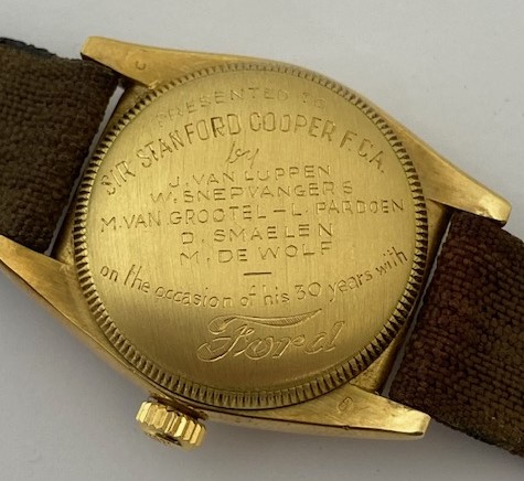 Inscription on back of circa 1948 gold Rolex Oyster Perpetual 5015 ‘Bubbleback’